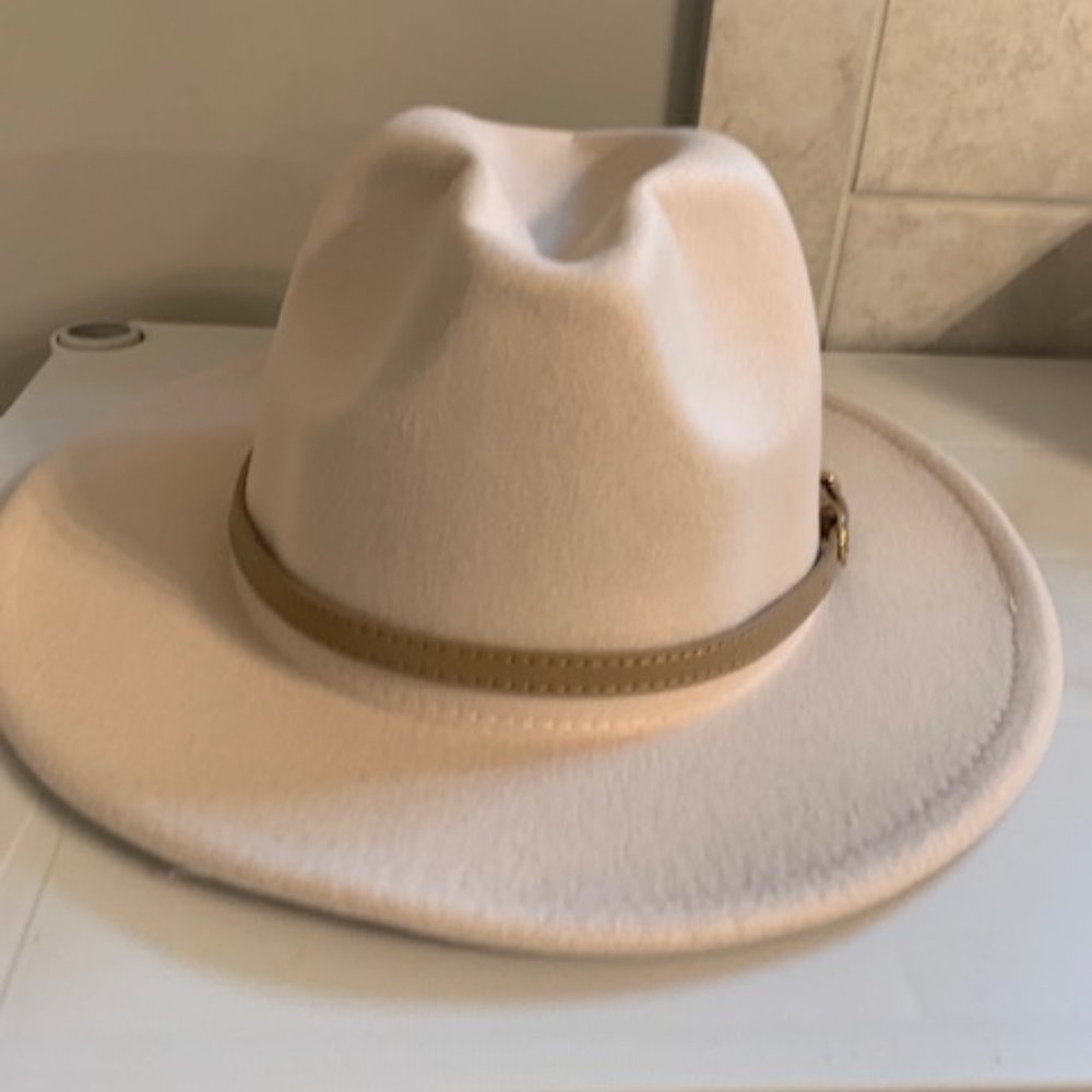 Fedora - Cream colored Sophisticated Fedora Hat with tan belted trim